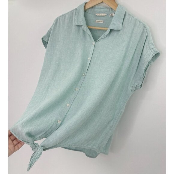 Weatherproof Linen Blend Tie Waist Button Front Blouse Sz L Beach Coastal Preppy - Picture 4 of 8